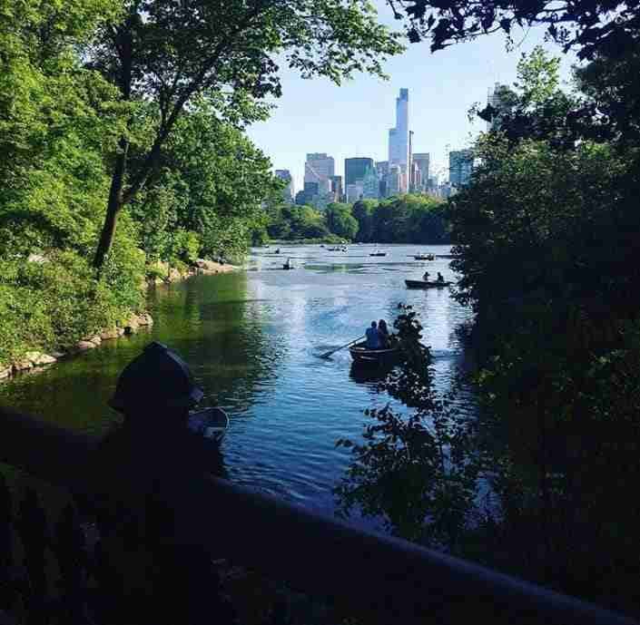 Manhattan skyline from the lake in Central park New York